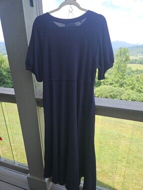 JODIFL Navy Short-Sleeve A-Line Women’s Dress raw Hem And Seams Two Pockets 52"